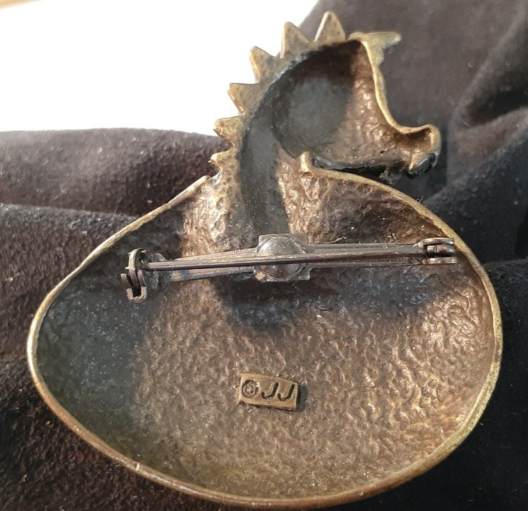Vintage BRASS Hatching DRAGON 2″ PIN /Broach /maker’s mark “JJ”