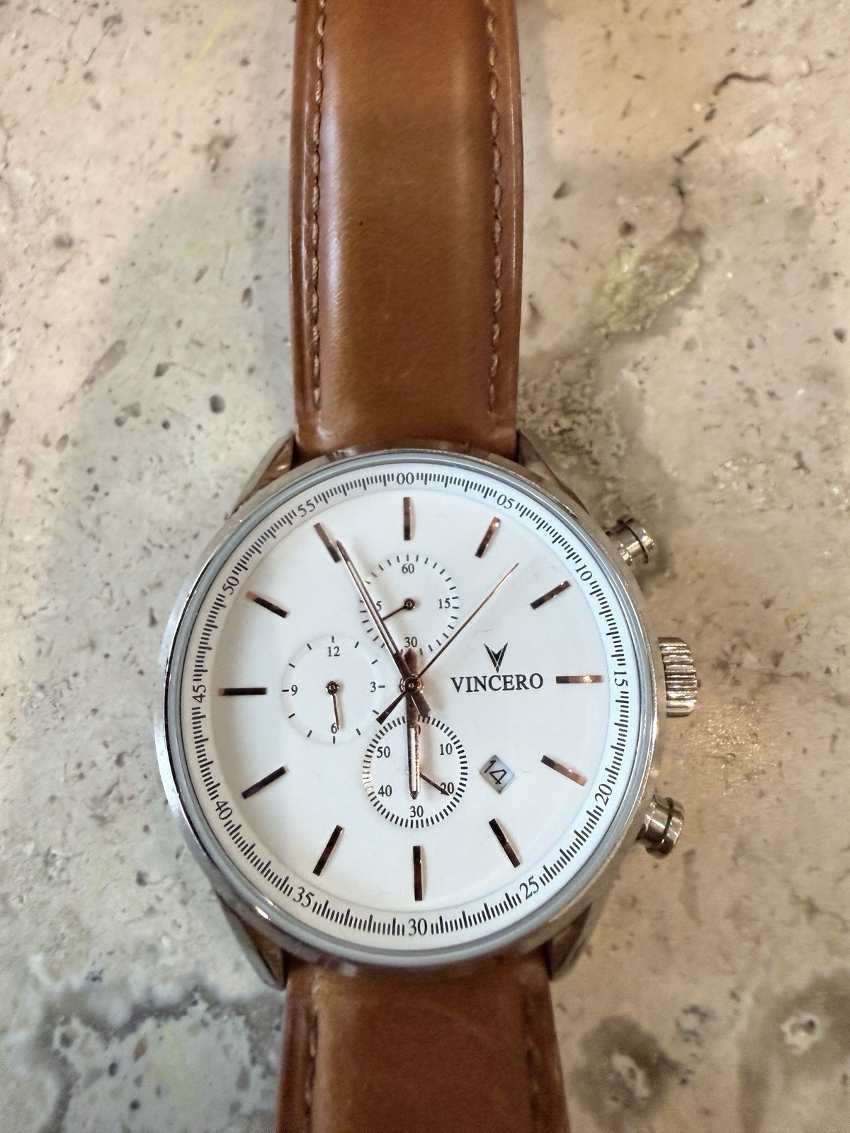 Vincero Men’s Quartz Chronograph Date White Dial Brown Leather Strap 22mm