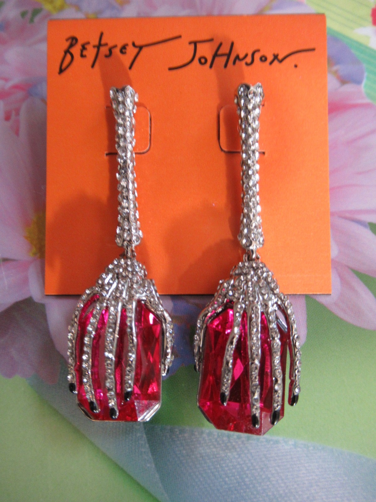 Betsey Johnson Rich Witch Hanging Skeleton Hands Crystals Pink Gem Drop Earrings