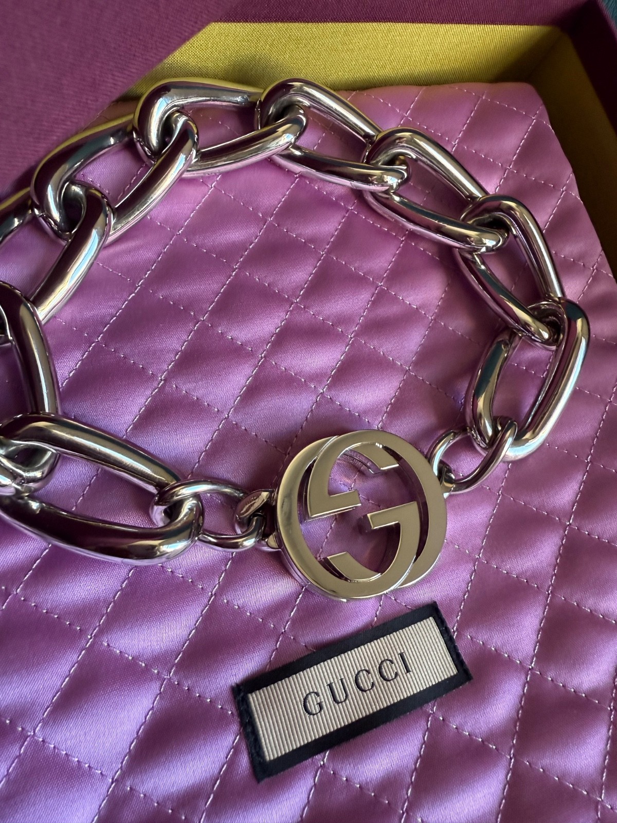 Authentic Gucci Interlocking G Chunky Chain Choker Necklace Silver Tone Rare