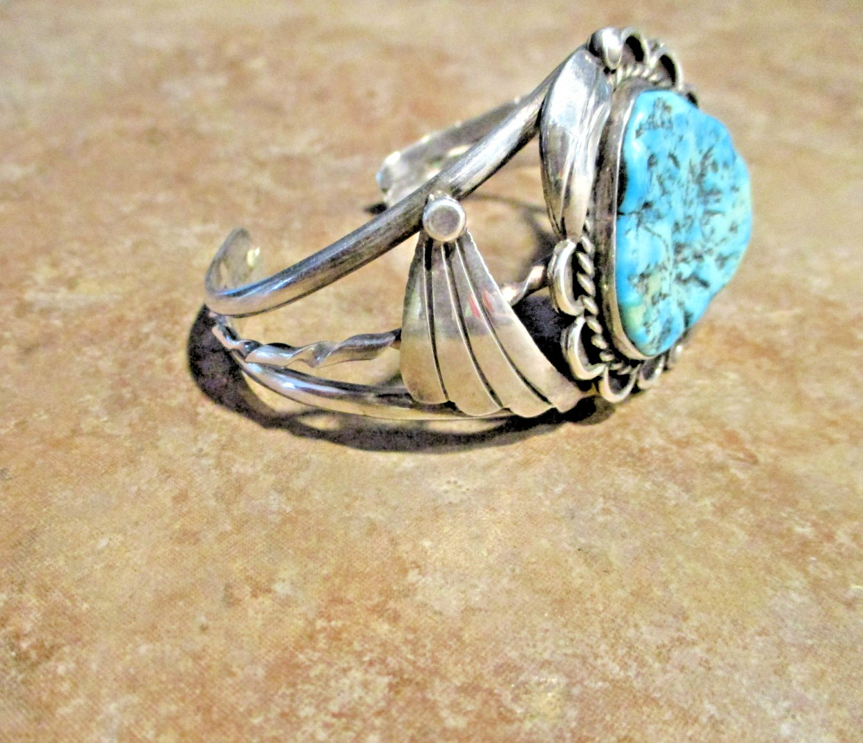 FINE Vintage Navajo Sterling Silver SEA FOAM Turquoise Applique Bracelet Sign FS