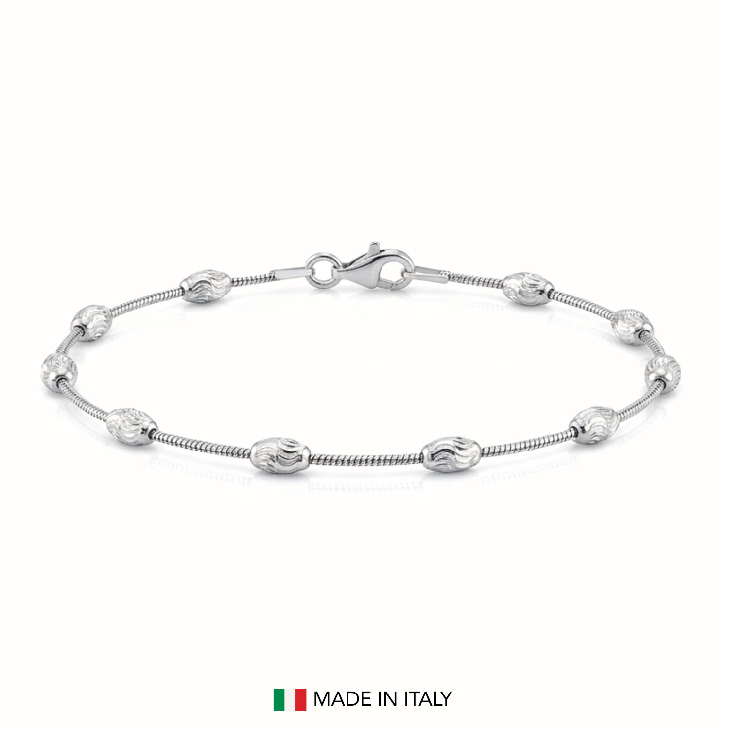 Solid 925 Sterling Silver Diamond-Cut Oval-Shaped Beaded Italian Bracelet 7″ 7.5