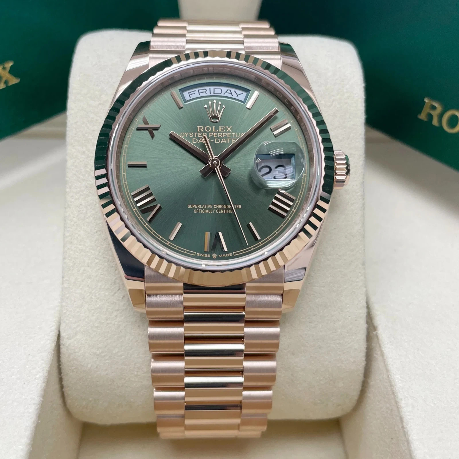 NEW 2026 Rolex Day-Date 36mm – Ref. 128235 – Presidential Rose Gold – Olive Dial