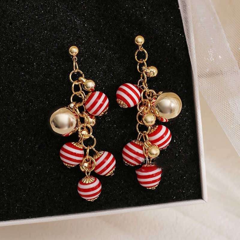 Red White Striped Candy Tassel Gold Plated Ball Chandelier Dangle Drop Earrings