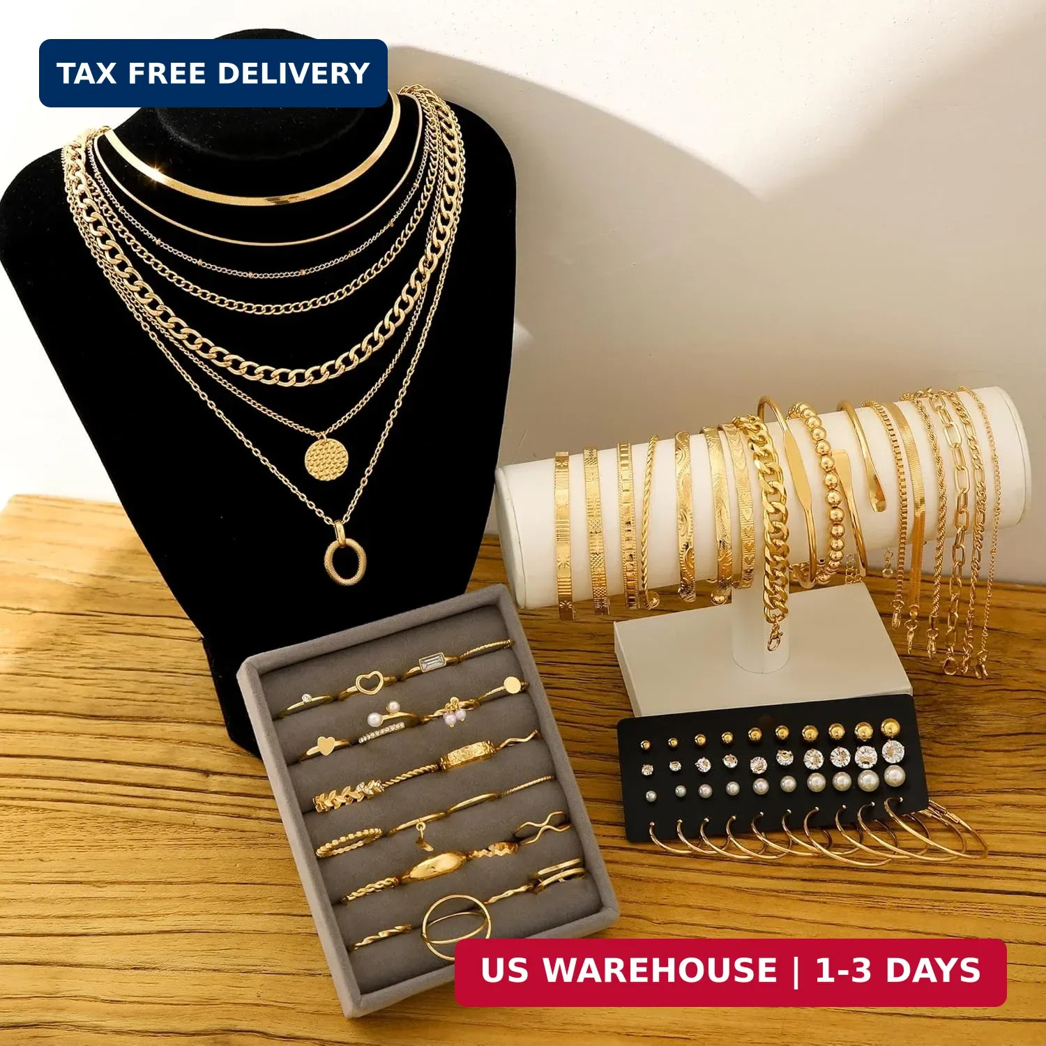 FAXHION 68 Pcs Gold Jewelry Set for Women with 7 Necklace, 17 Bracelet, 5 Hoop E