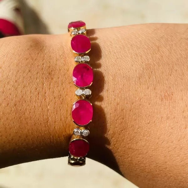 35 ctw Oval Cut Created Ruby & Diamond 14K Yellow Gold Plated Statement Bracelet