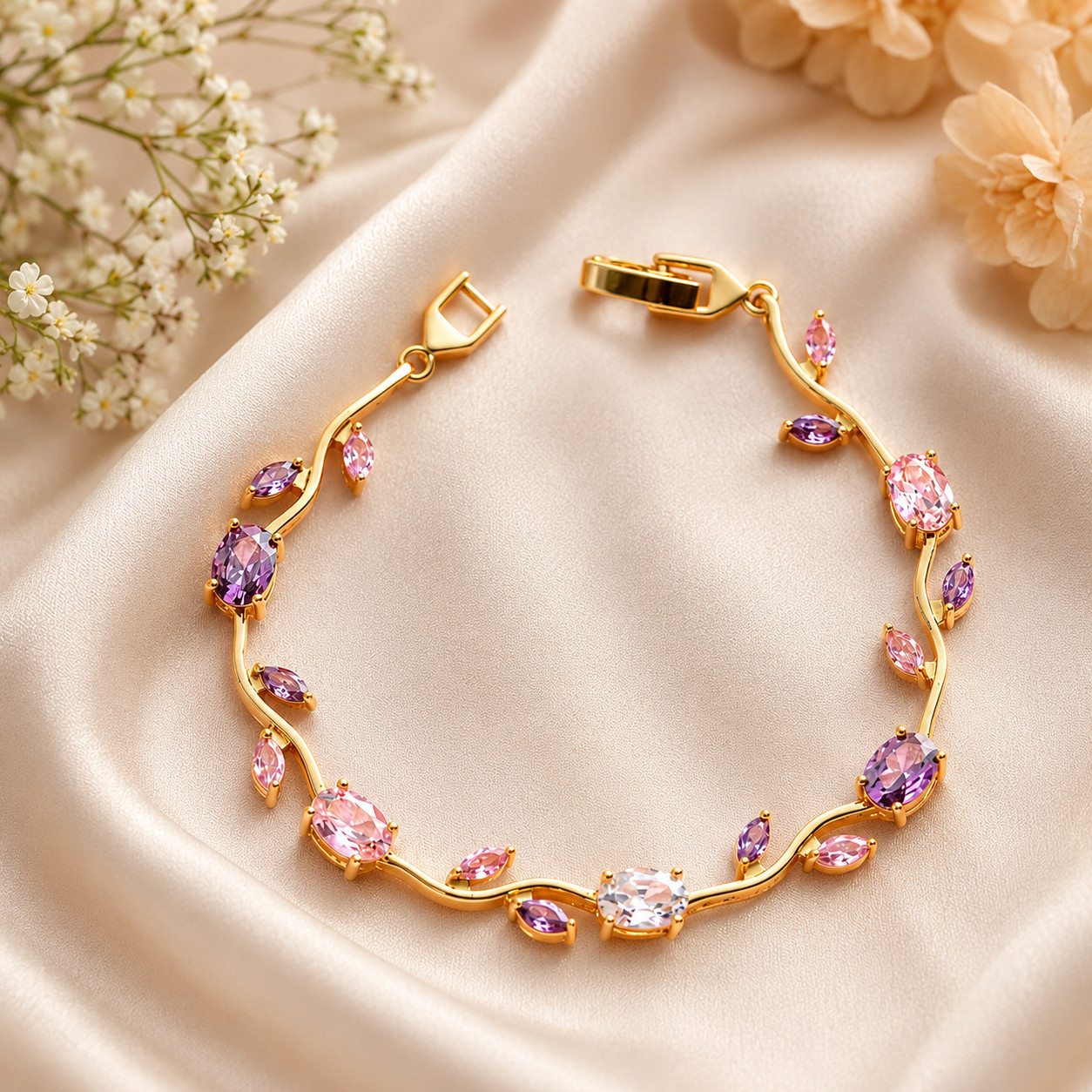 Luxury Gold Tone Pink & Purple Crystal Vine Bracelet | Elegant Floral Jewelry
