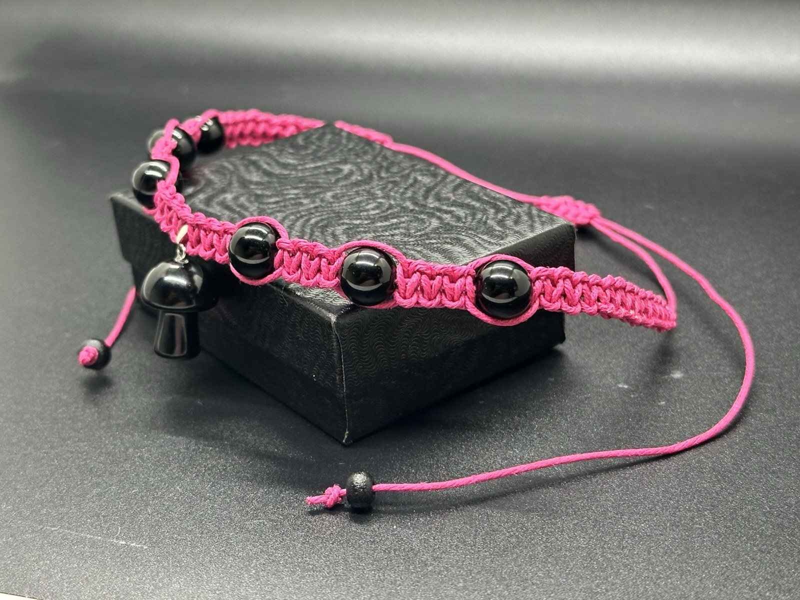 Onyx Mushroom Choker W/ Onyx Beads Necklace Pink Hemp Handmade Adjustable 11-30″