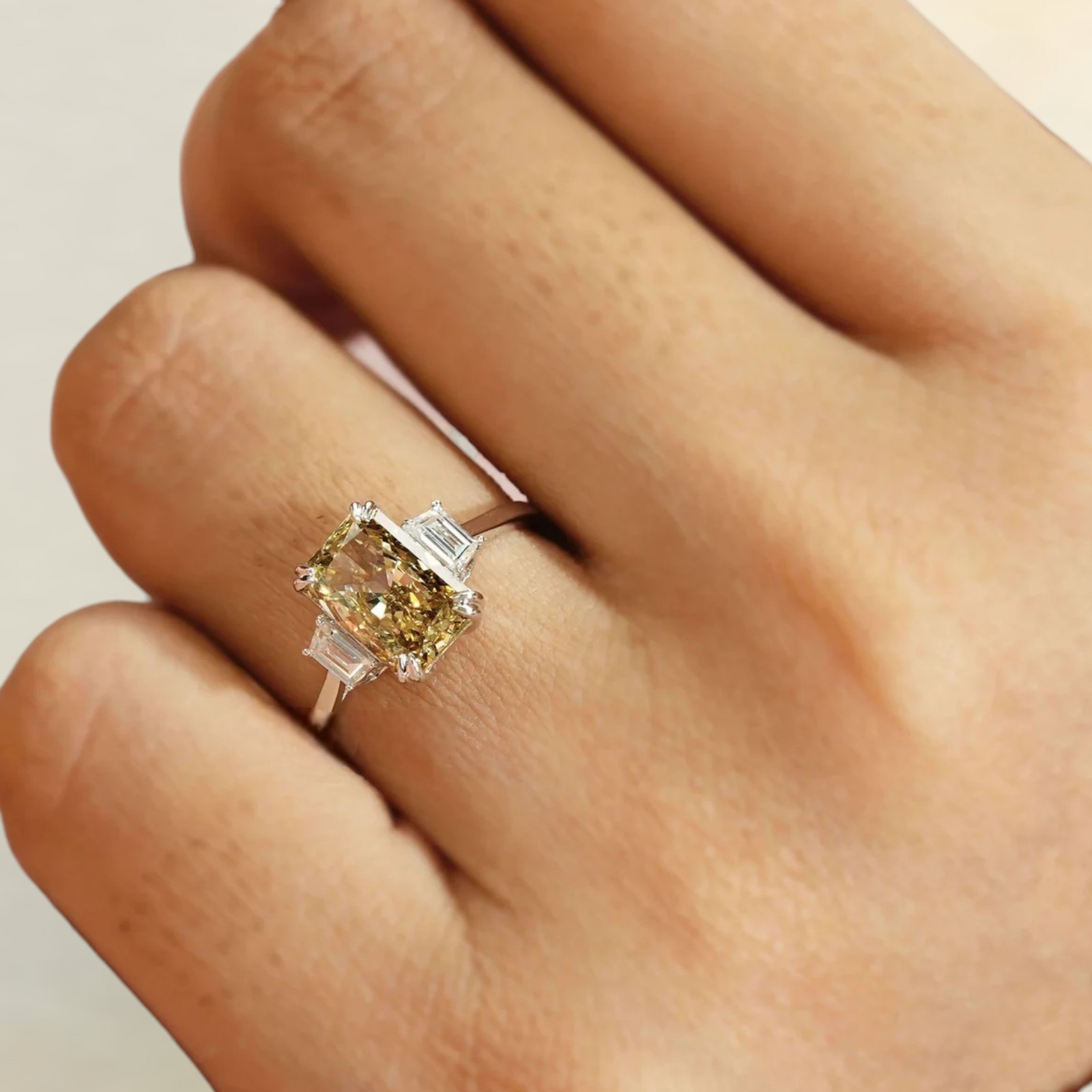 2.30 CT Radiant Cut IGI Lab Grown Diamond Ring 14K White Gold Fancy Vivid Yellow