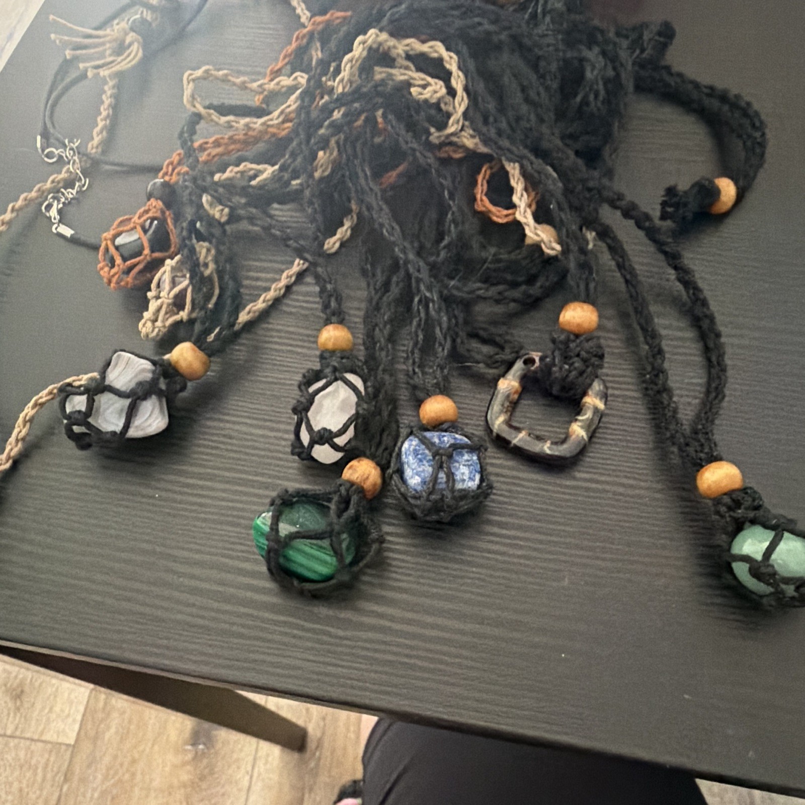 Mixed Lot Unisex Cord Necklaces w/ Stone Pendants, Black Brown Green Blue White