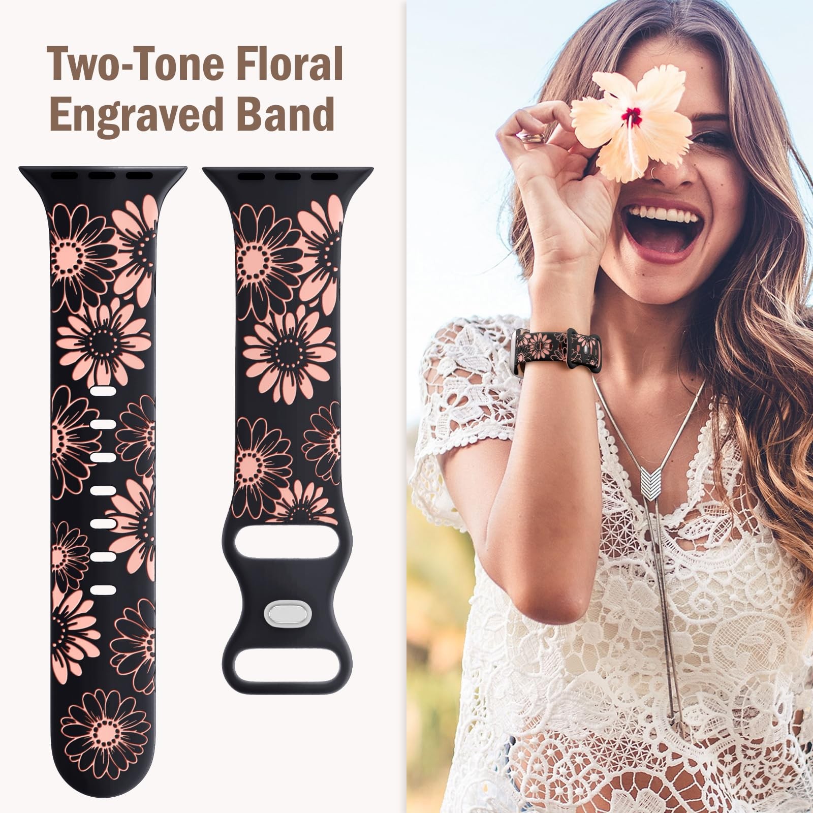 DaQin Floral Engraved Band 38mm/40mm/41mm/42mm(series 11 10), Black/Pink