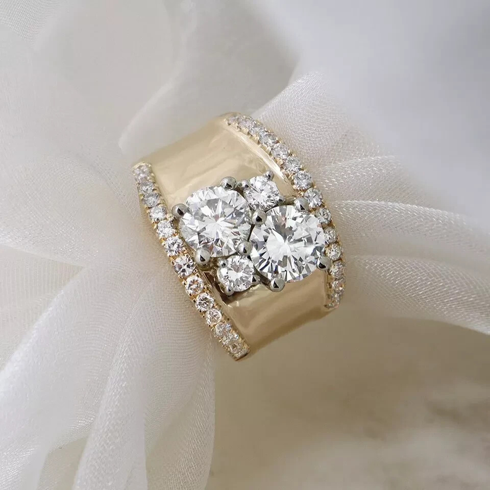 Women Thick Wedding Band Round Cluster Moissanite Wide Band Engagement Fancy