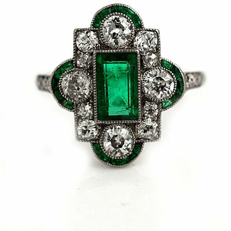 Lab-Created Intense Green Bezel Set Emerald & Old White CZ Art Deco Vintage Ring