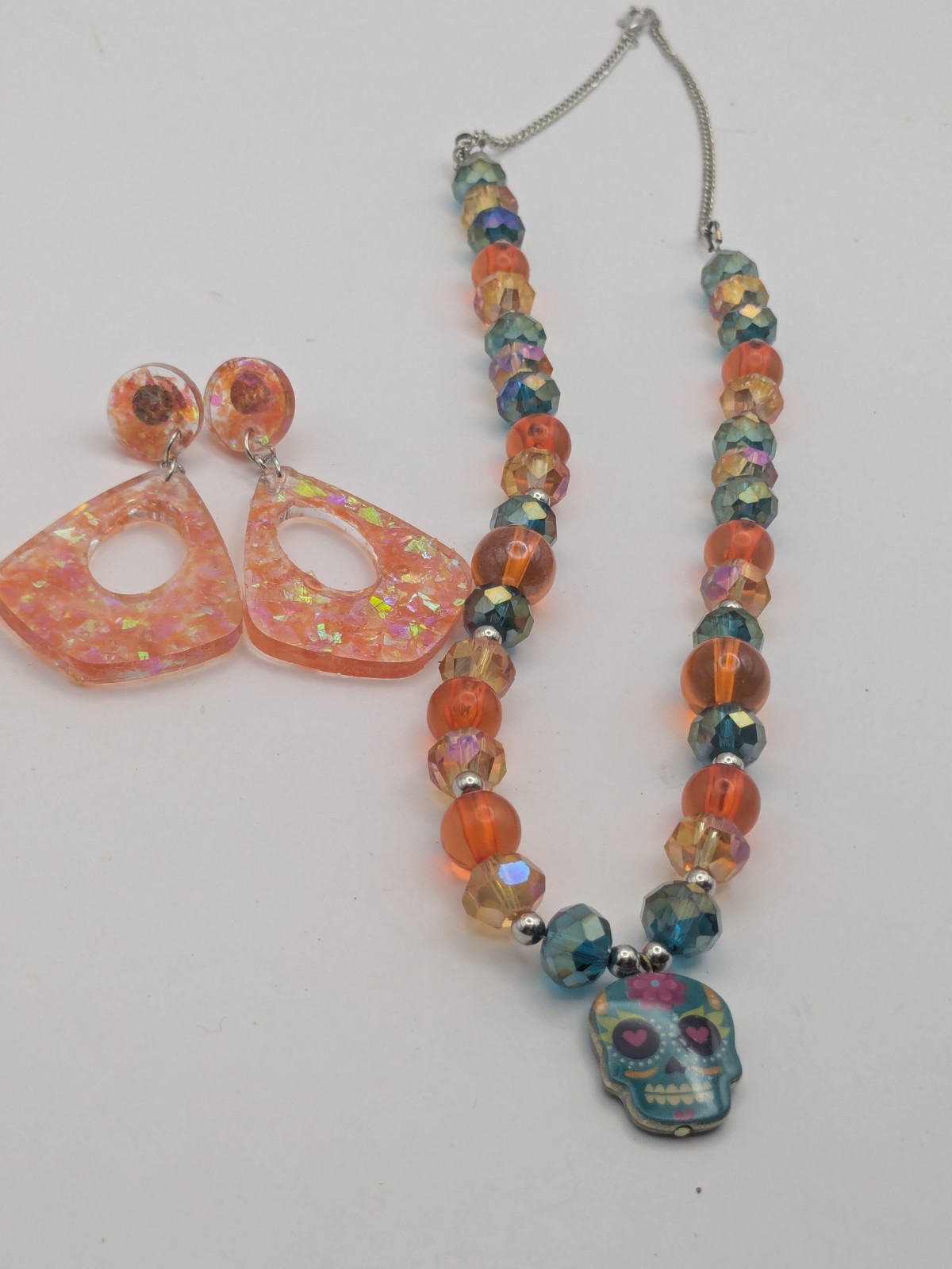 Turquoise And Orange Beaded Necklace With A Sugar Skull Pendant