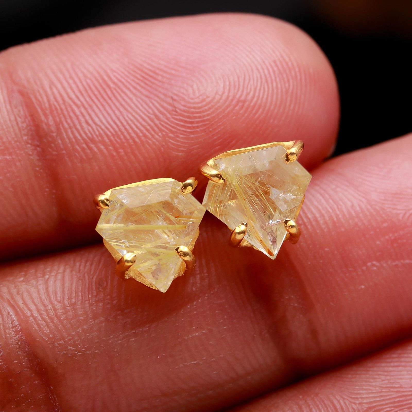 Natural Golden Rutile Shield Stud Earrings Gold Fill 925 Sterling Silver Jewelry