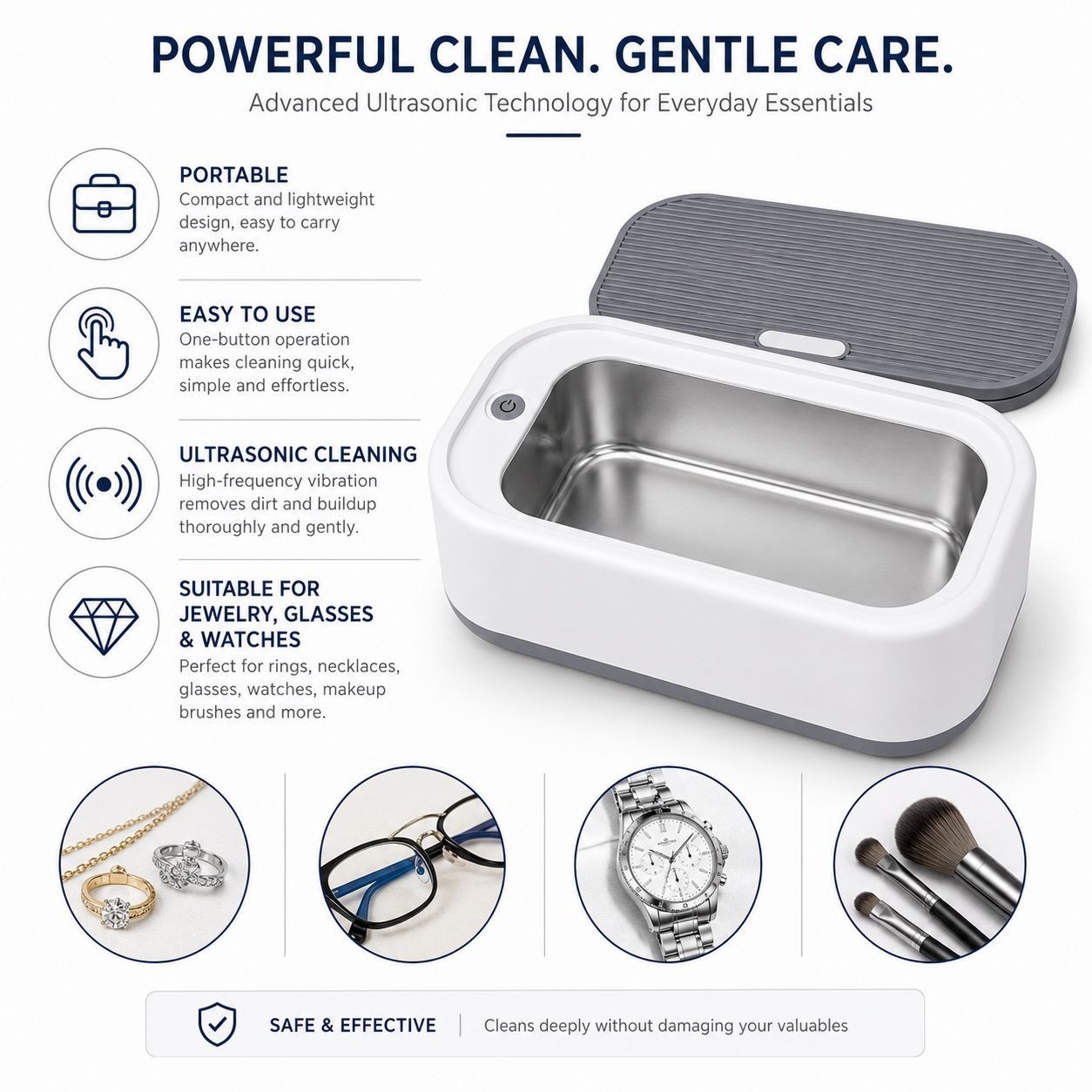 Portable Ultrasonic Jewelry Cleaner Machine for Rings Glasses Watches Eyeglasses