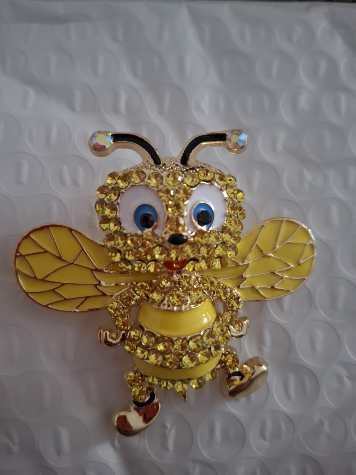 Gold Tone Bee Brooch Pin Yellow Blue Enamel Wings Yellow Round Rhinestone