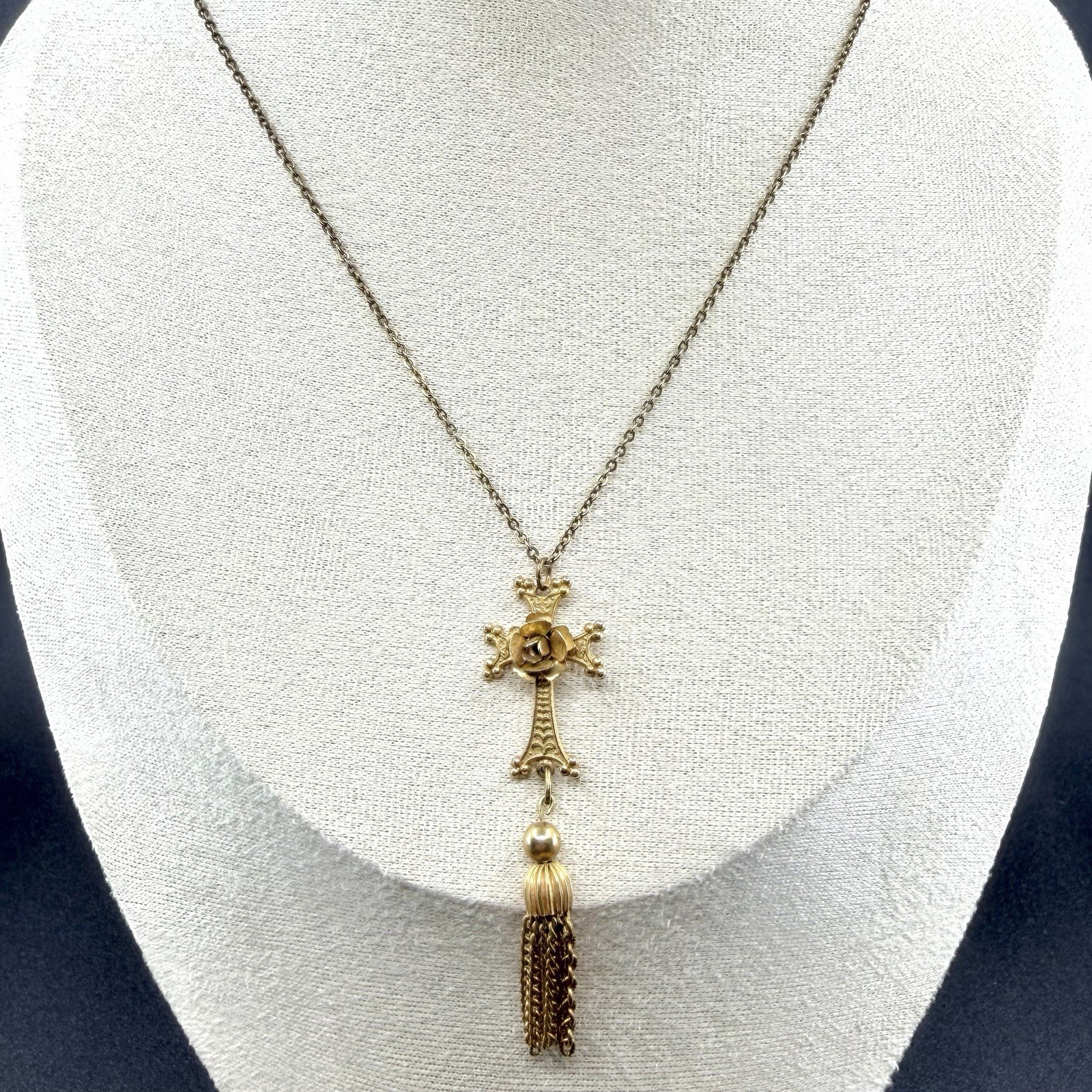 Vintage Tassel Cross Rose Ornate Necklace Pendant Gold Tone 16”
