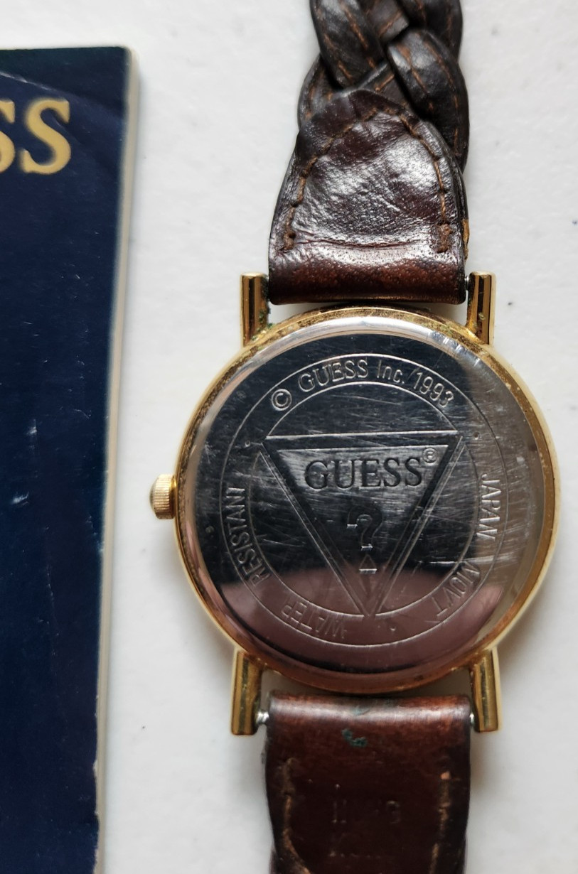 Guess Mens Watch 35mm Gold Tone World Map Dial Braided Leather Band Need Battery