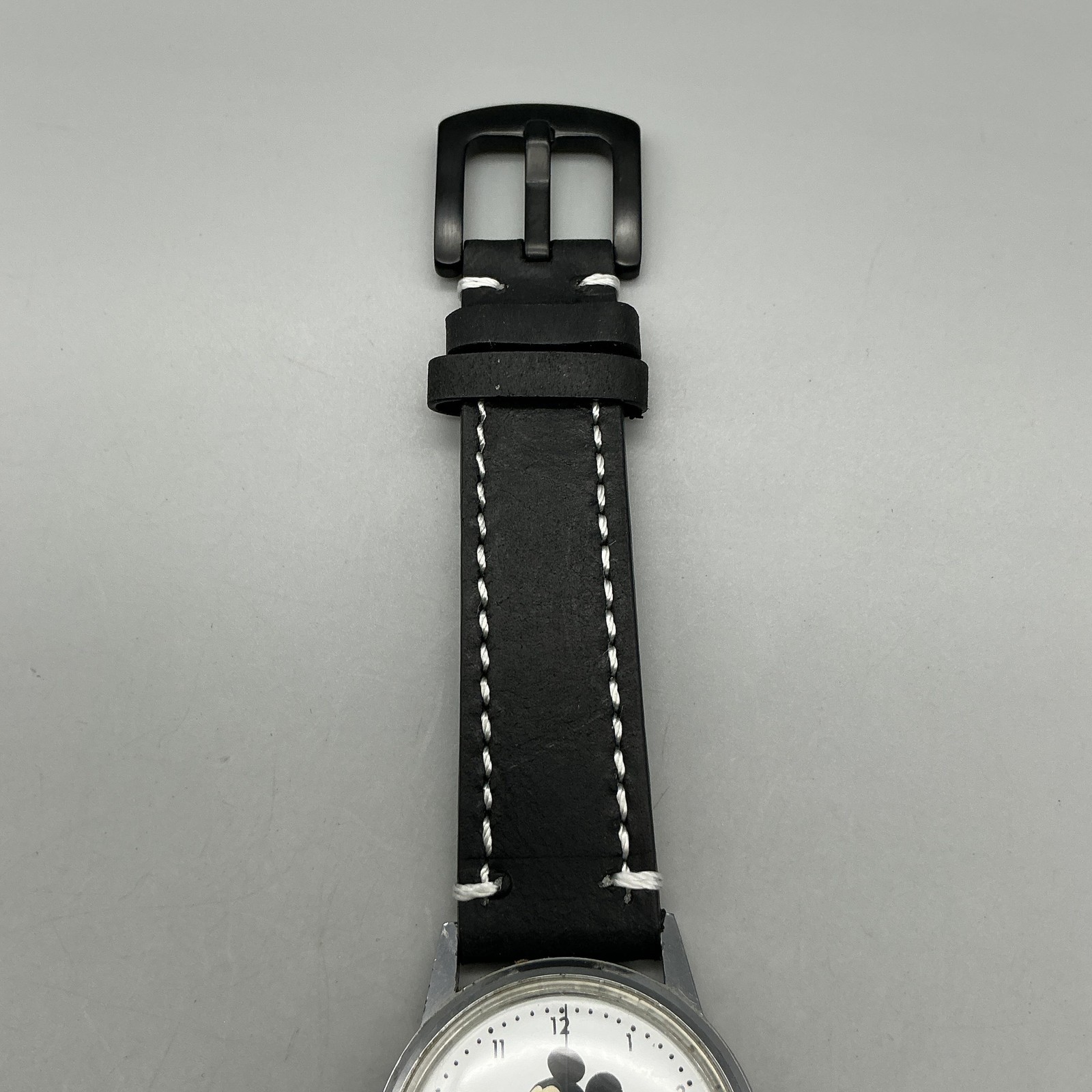 Vintage Disney Mickey Mouse Mens Watch 33mm Silver Tone Manual Black Leather
