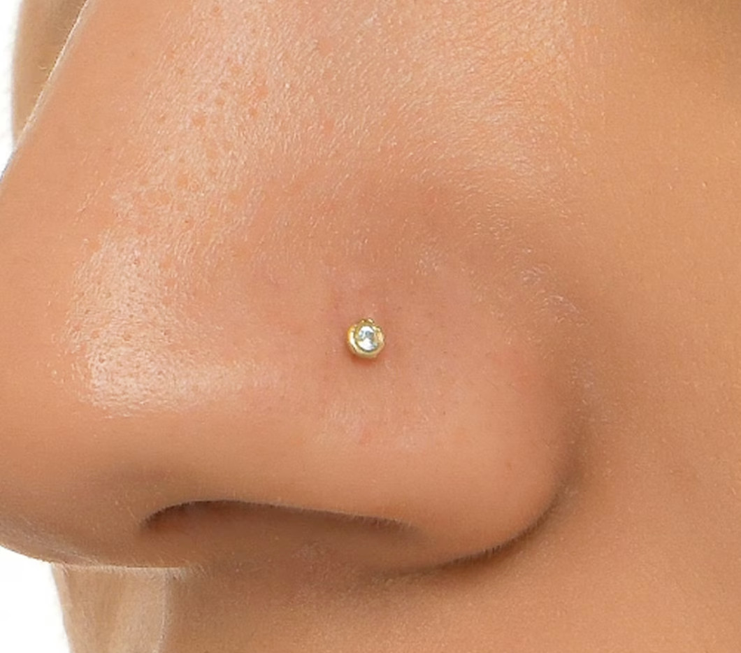 Bezel Set Real 0.03 Ct Diamond Nose Stud Screw Ring Piercing Pin 14K Yellow Gold