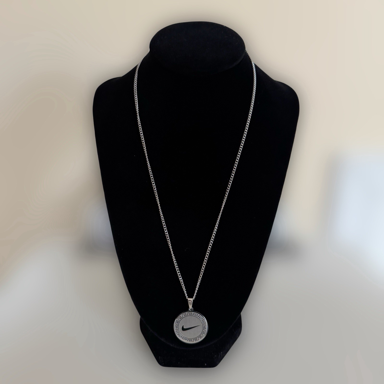 20” Circular Nike Swoosh Pendant + Necklace Silver Plated Stainless Steel