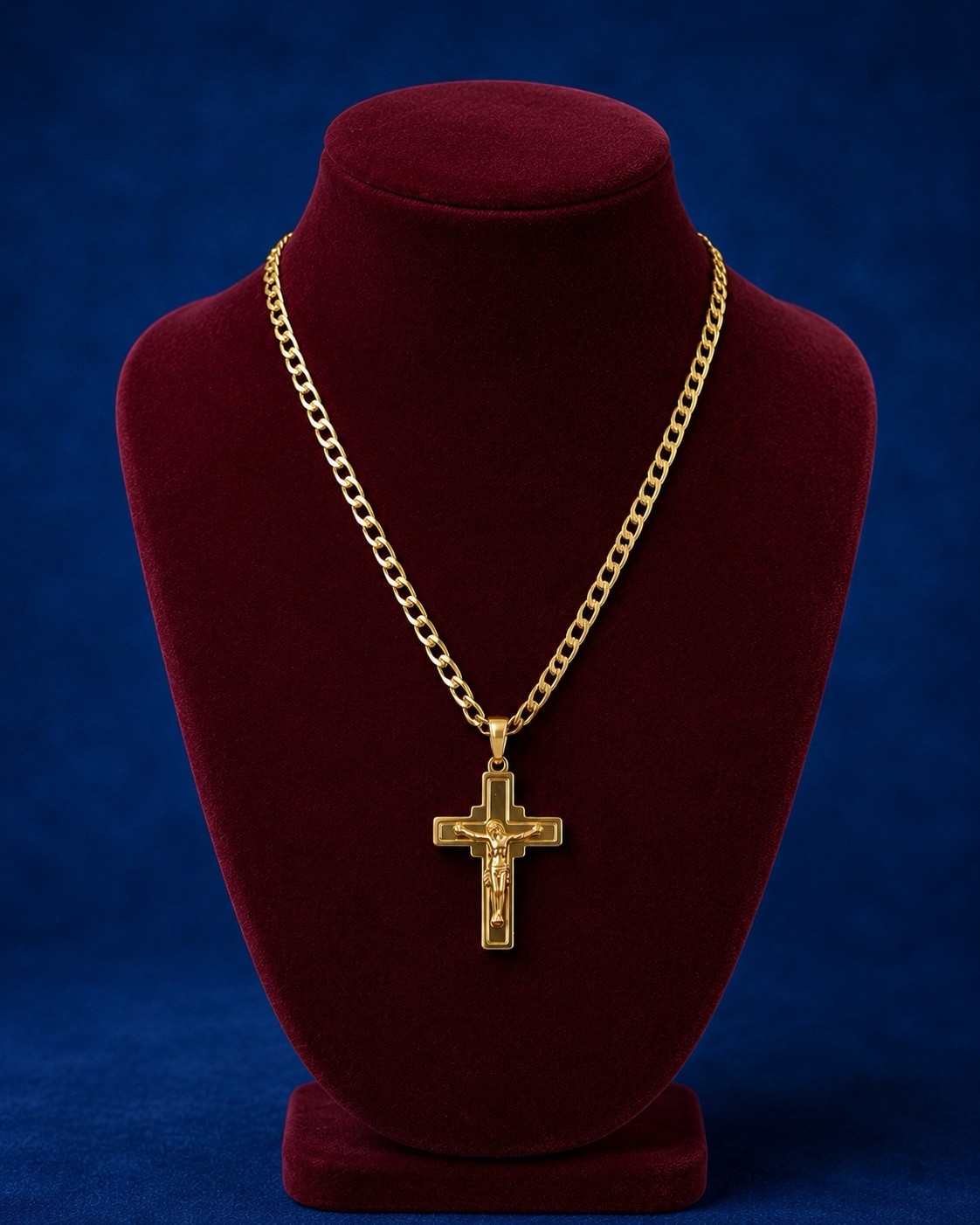 Yellow Gold Plated Cuban Link Chain Cross Charm Pendant Necklace Religious