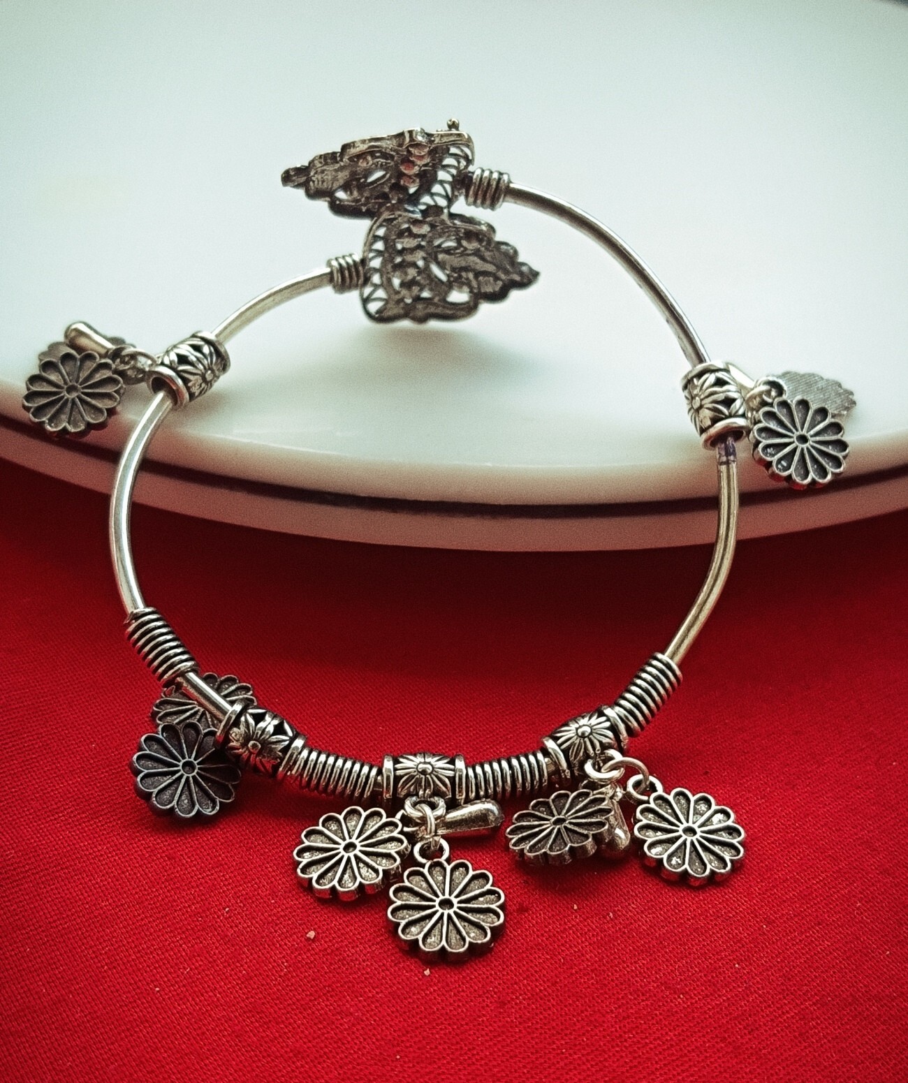 Silver Oxidized cuff adjustable Charm Flower Bracelet Women Partywear Jewelry