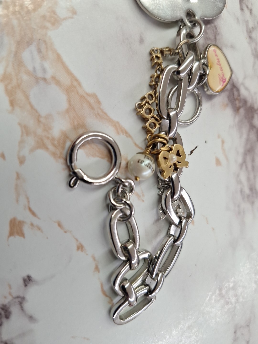 Y2K Juicy Couture LET THEM EAT COUTURE Heart Pearl Charm Bracelet Silver Tone