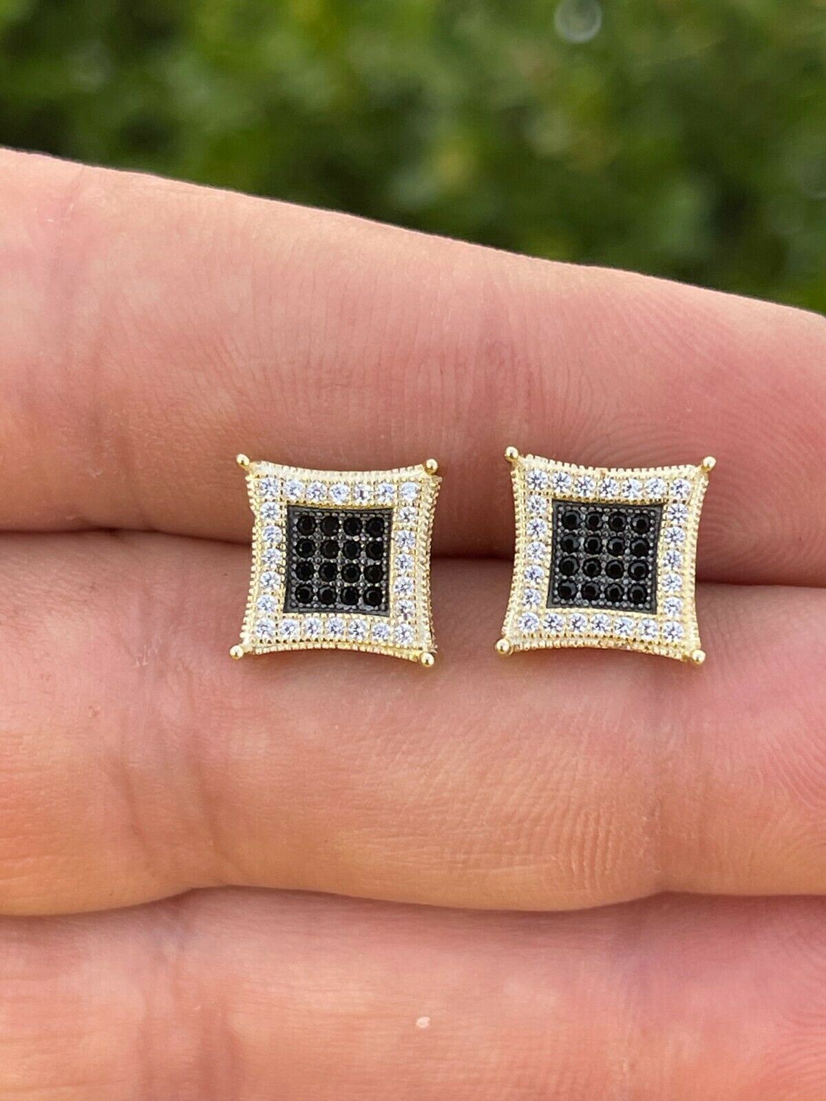 Mens 14K Gold Plated 925 Silver Iced Kite Black CZ Square Earrings Studs