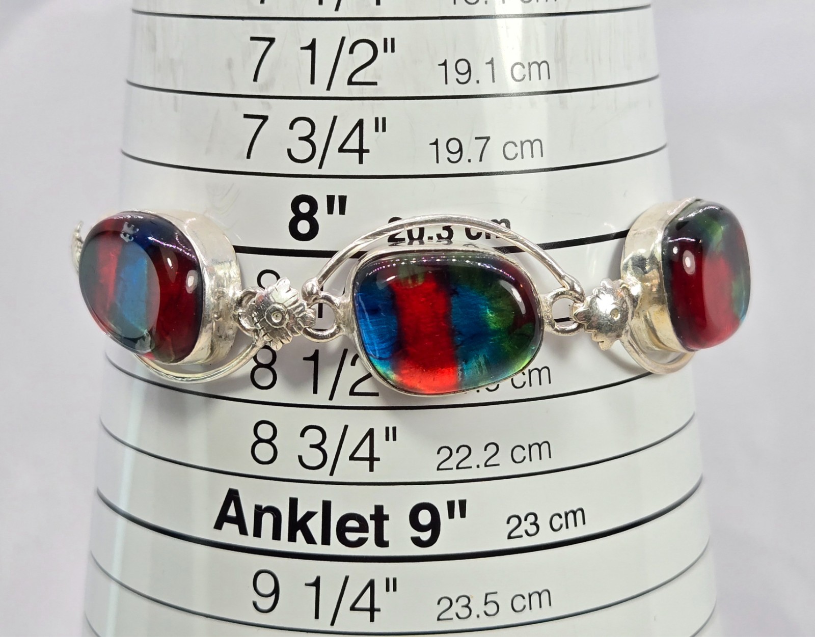 Red Blue Dichroic Glass Bracelet 925 Sterling Silver Link Toggle Clasp 7.5-8.25″