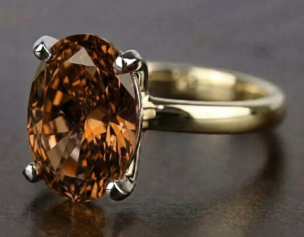 RARE 8.00 Ct Certified Oval Shape Natural Brown Diamond Ring Yellow Gold Finish