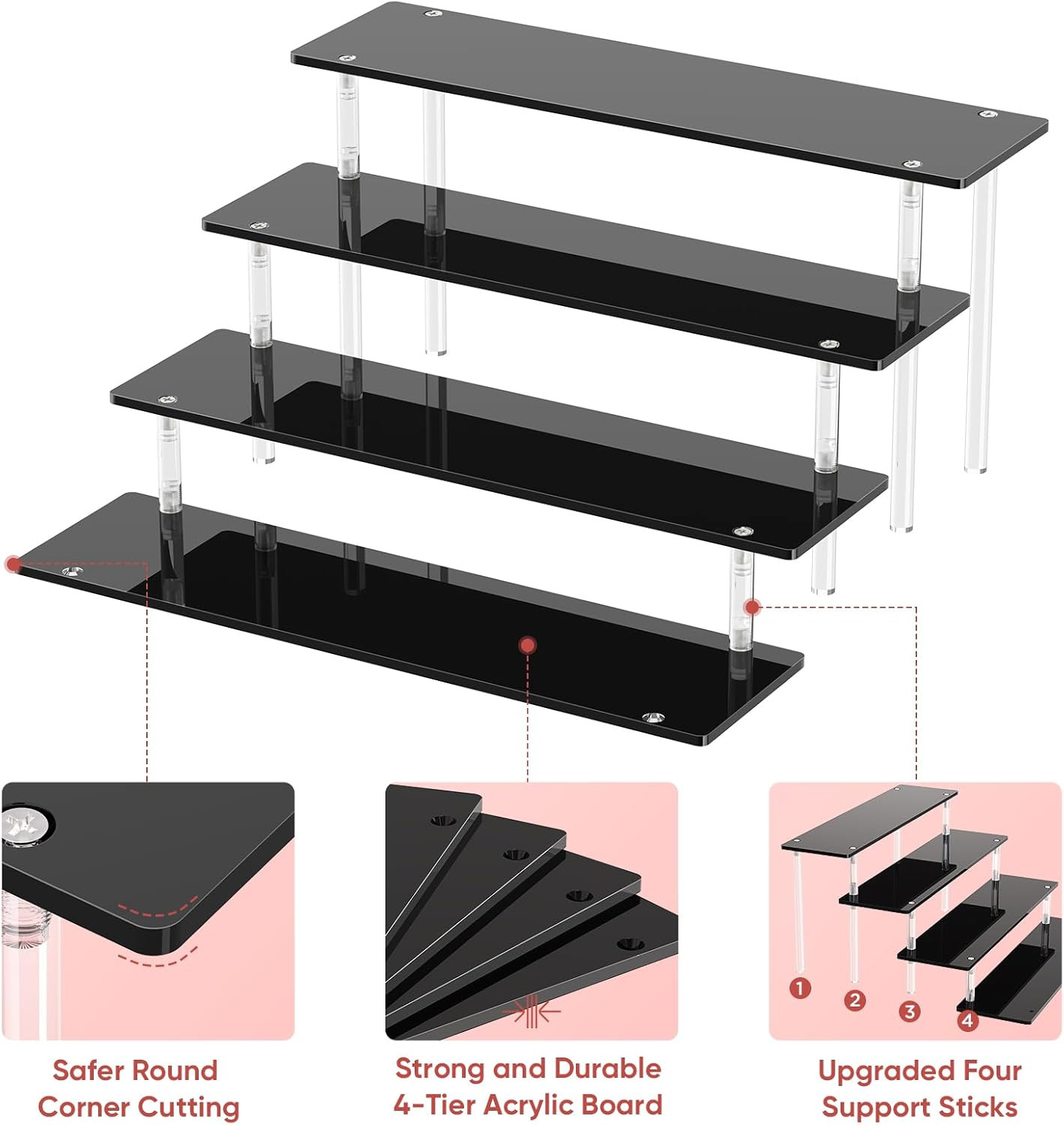 4 Tier Acrylic Display Risers, Black Perfume Organizer Stand, Large Cupcake Stan