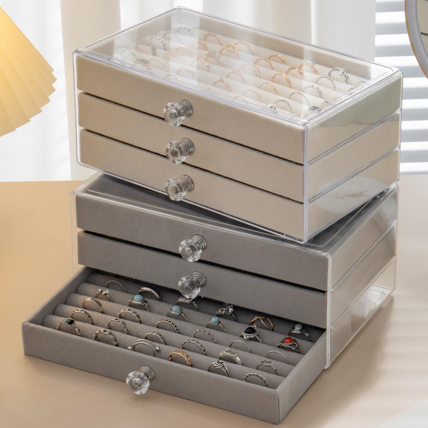 SPAKOWN Ring Box Display Holder, Clear Velvet Jewelry Storage 3 Drawers, Grey