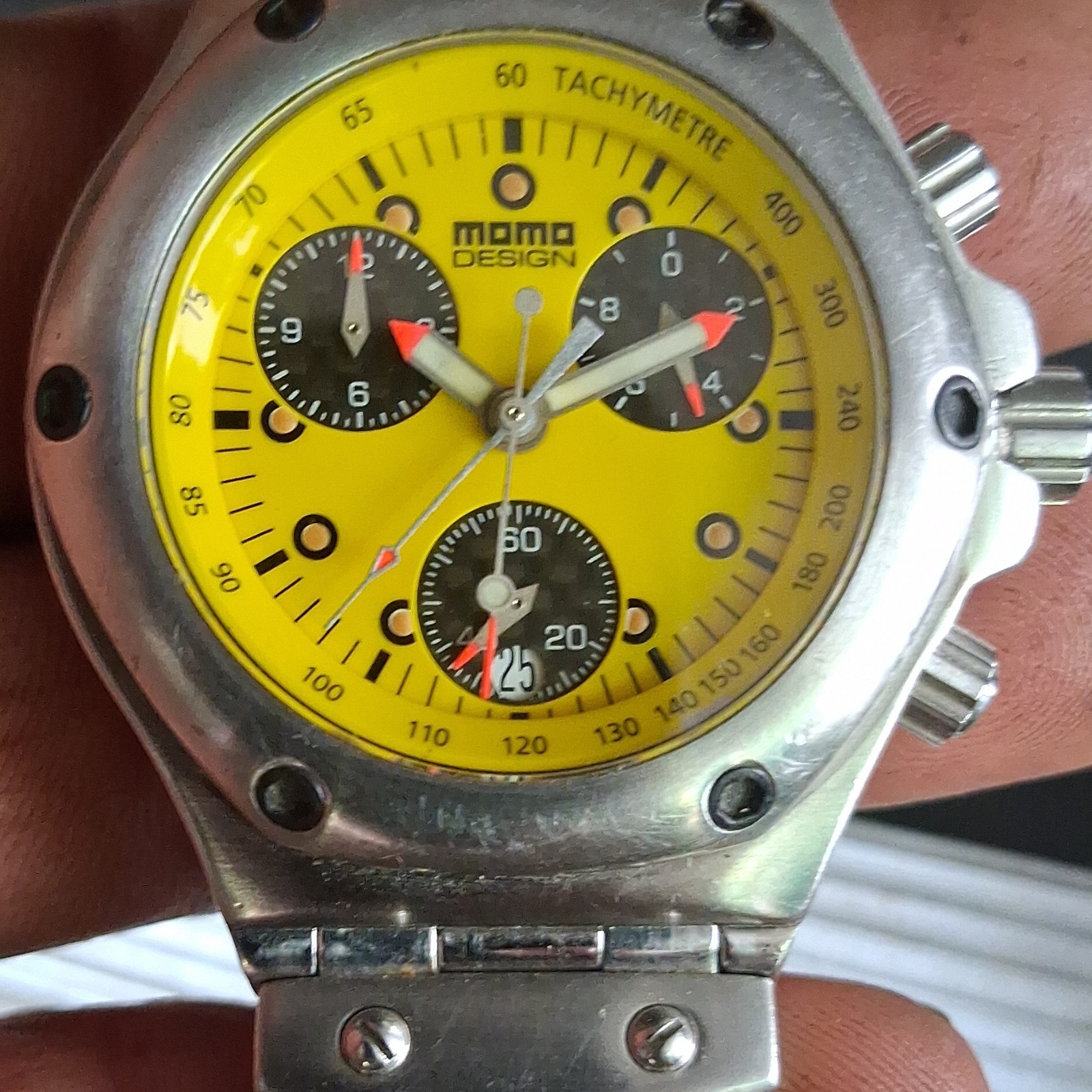 Momo Design Yellow Dial Chronograph Tachymeter Date Brown Leather Band 27 Jewel