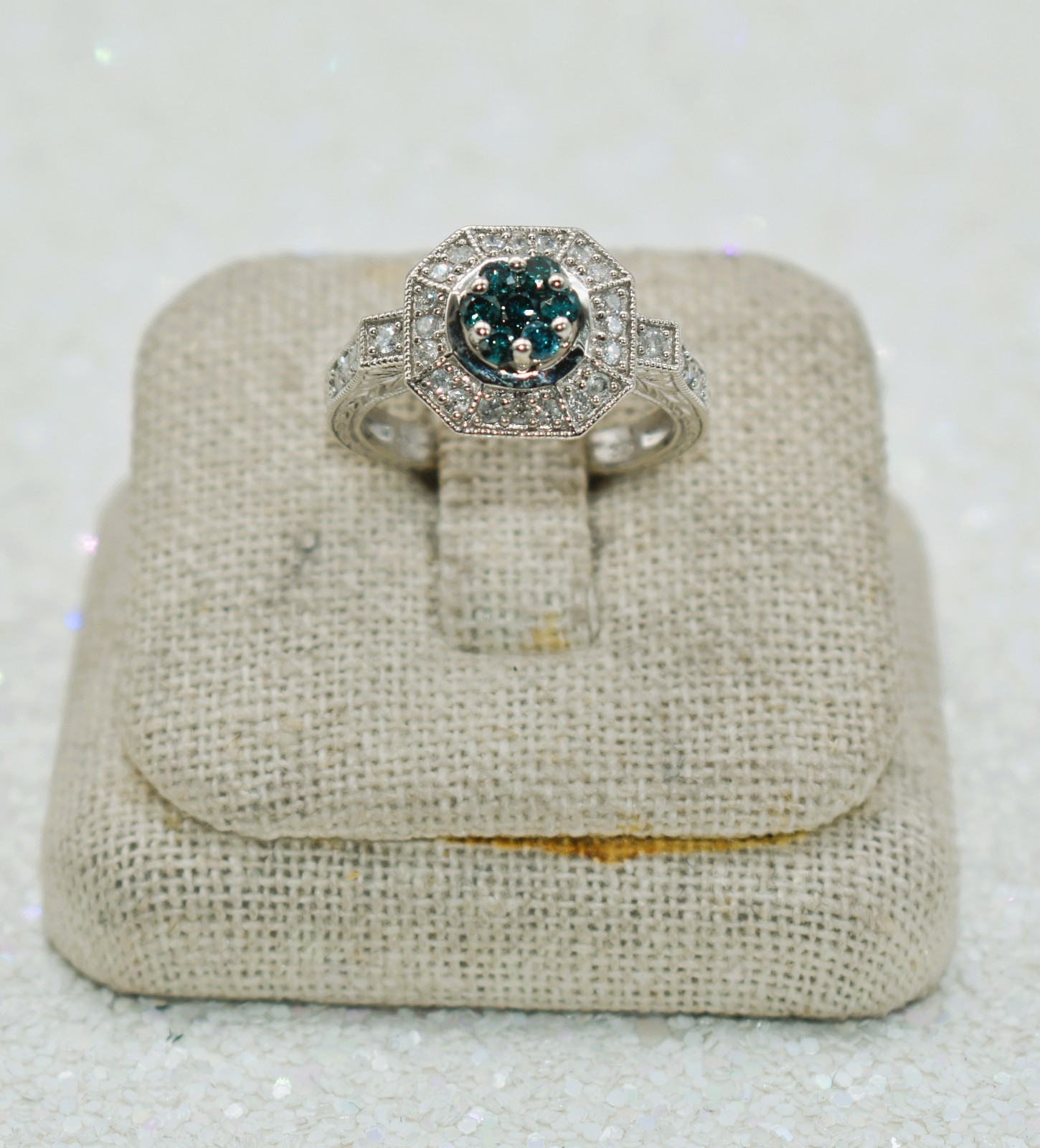 0.57 CT TW Treated Blue & White Diamonds Sterling Silver Halo Ring Size 8-1/4