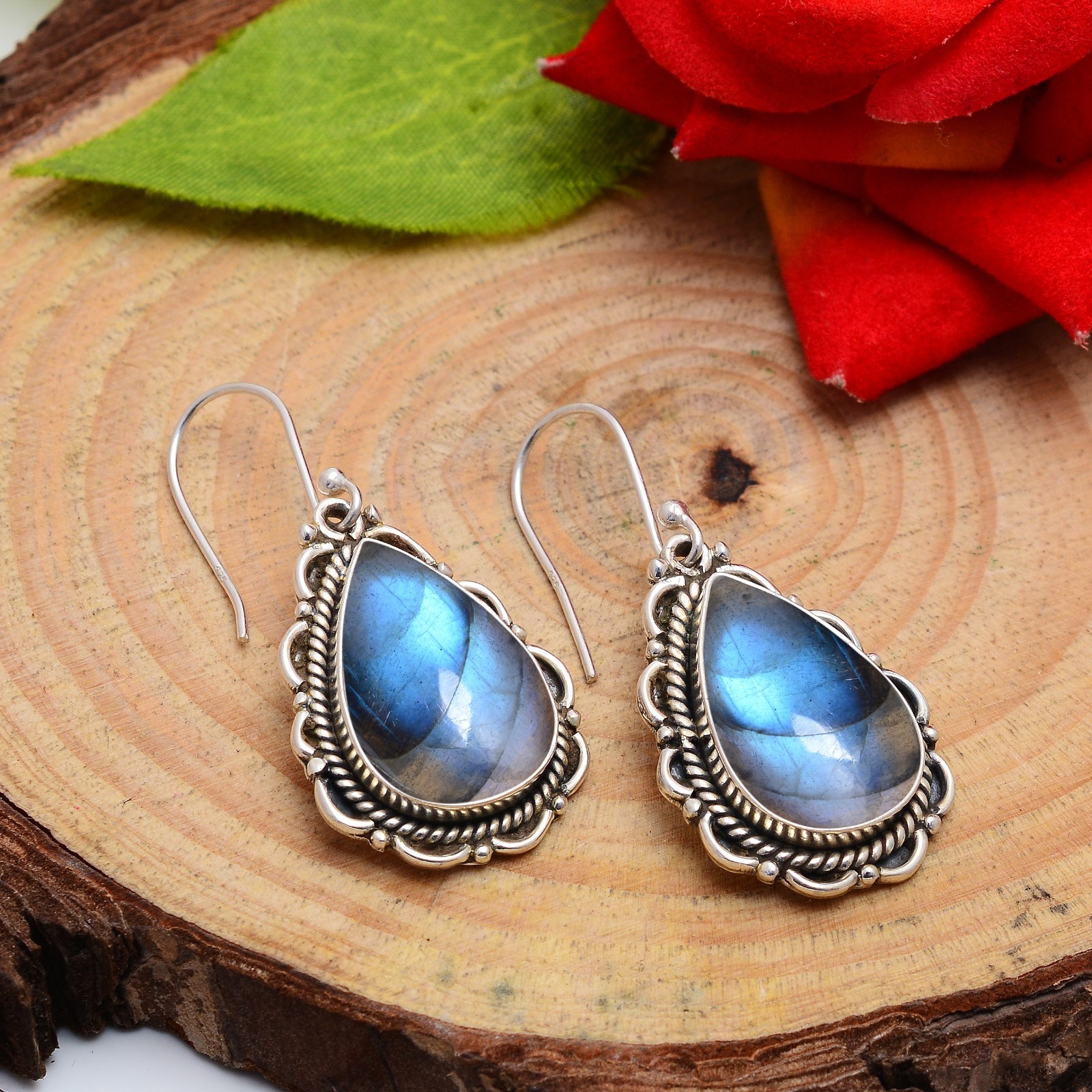 Labradorite Sterling Silver Earrings Handmade Flashy Gemstone Jewelry For Women