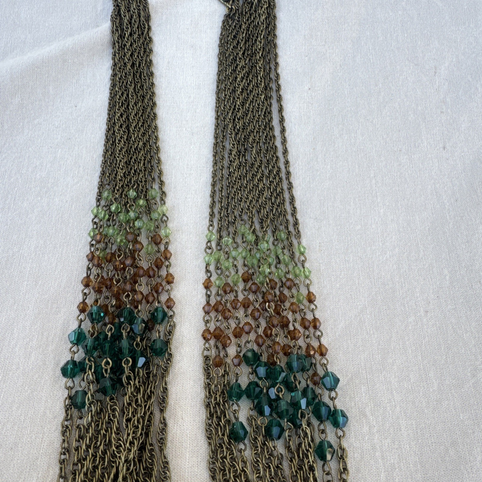 Vintage Layered Beaded Necklace Boho Blue Green Glass Multi Strand Bronze Tone