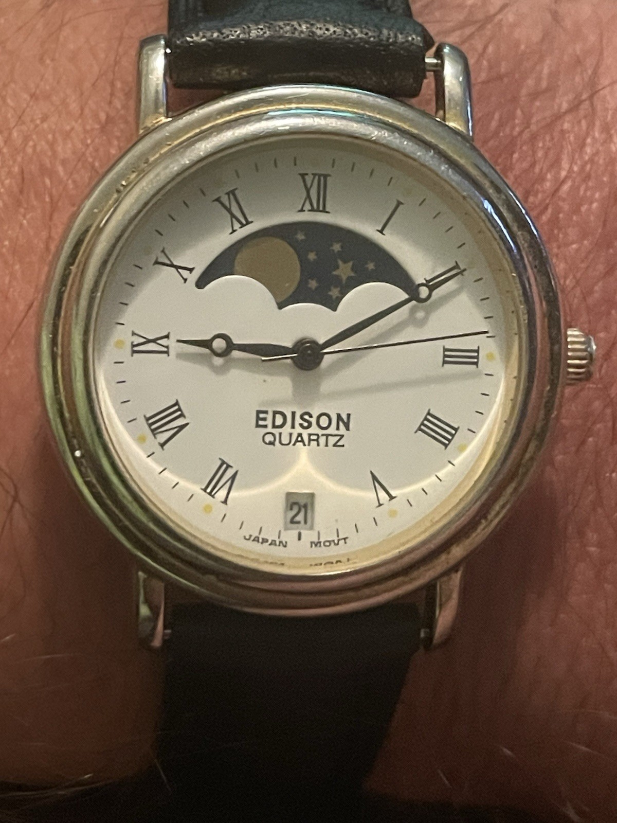 Vintage Edison Quartz Moon Phase Date Dress Watch Roman Dial Japan Movement Runs