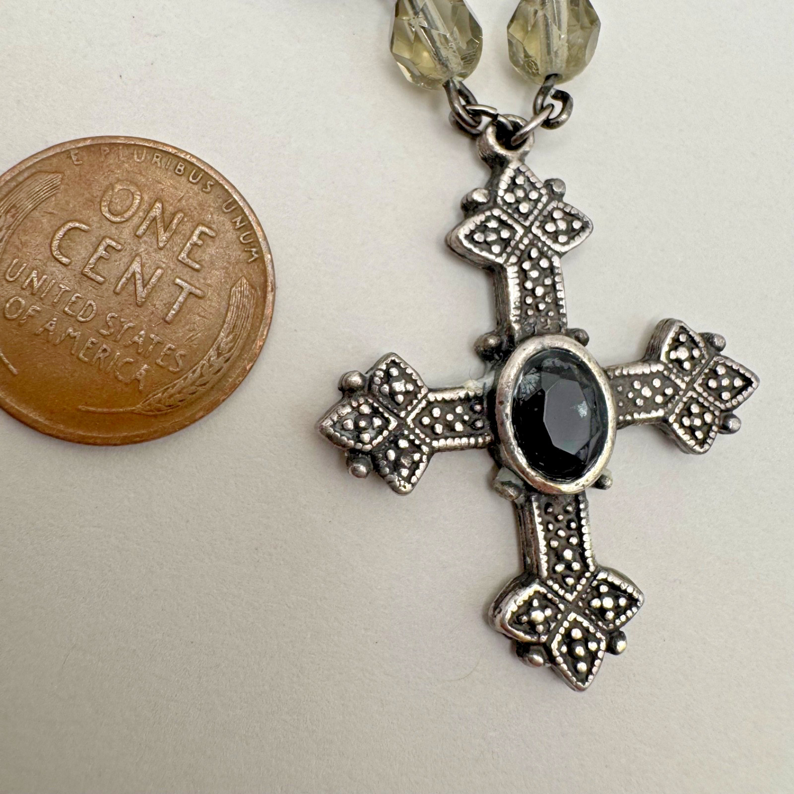 Cross Necklace Gothic Rosary Style Black Glass Bead Silver Tone Pendant 17″