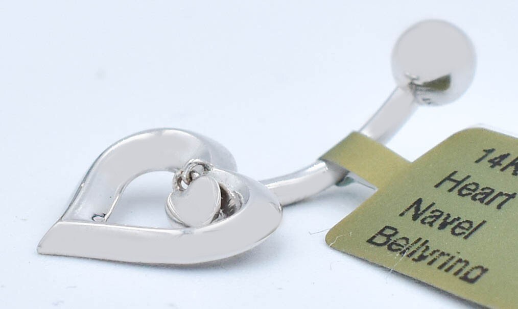 HEART NAVEL BELLY RING 14K WHITE SOLID GOLD – Free Shipping – Made in USA
