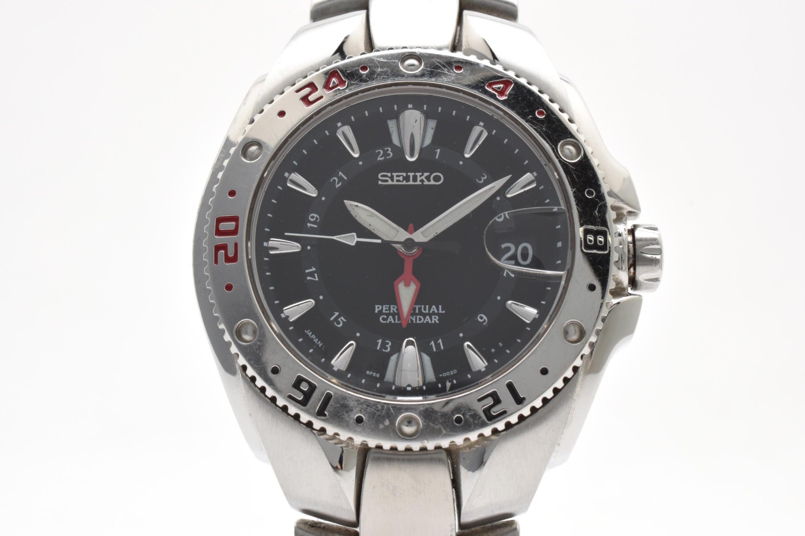 [Exc+5]SEIKO Perpetual Calendar GMT 8F56-002A Quartz Black Dial Mens Watch JAPAN