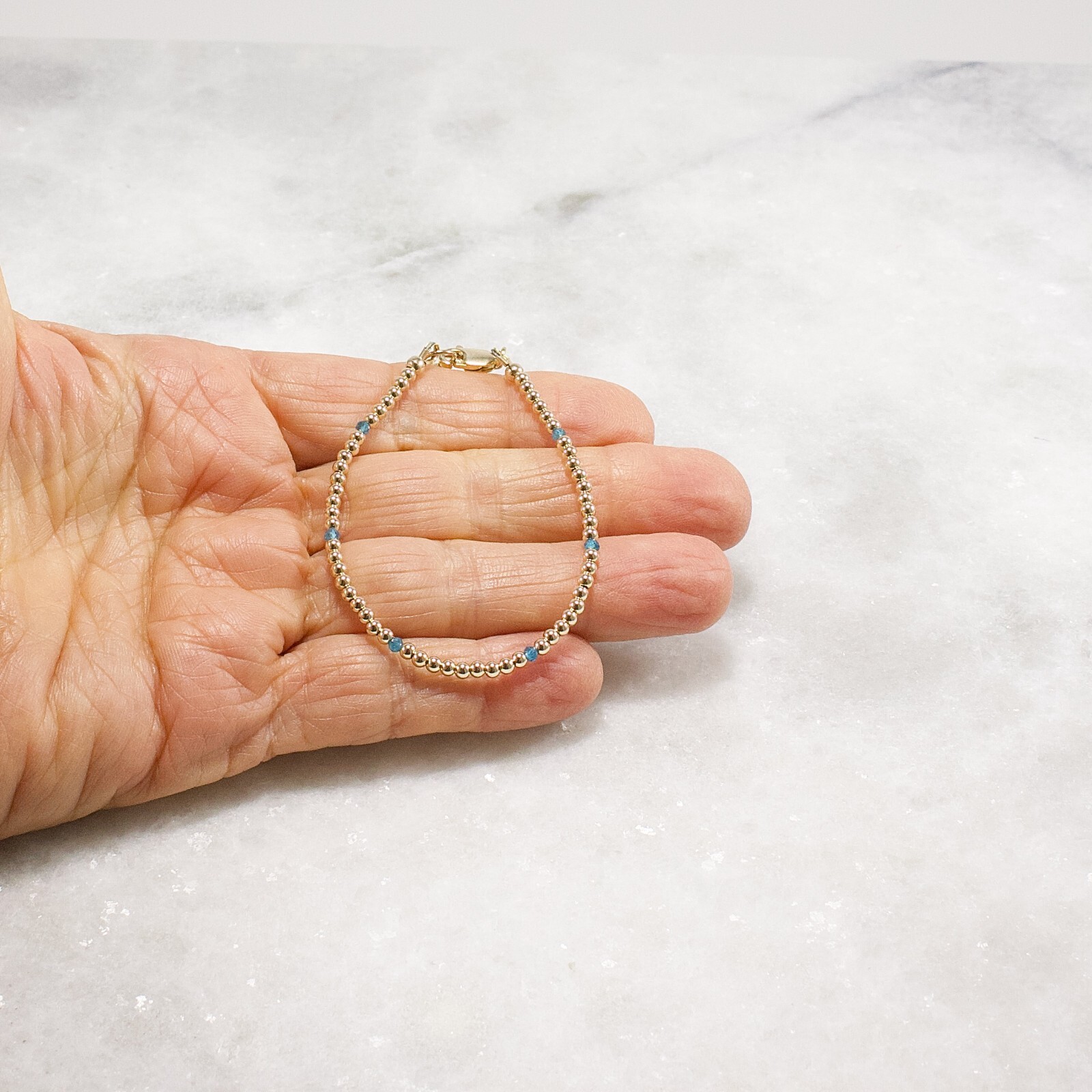 Gold and Apatite Beaded Bracelet, 14k Gold Filled, Neon Blue Apatite