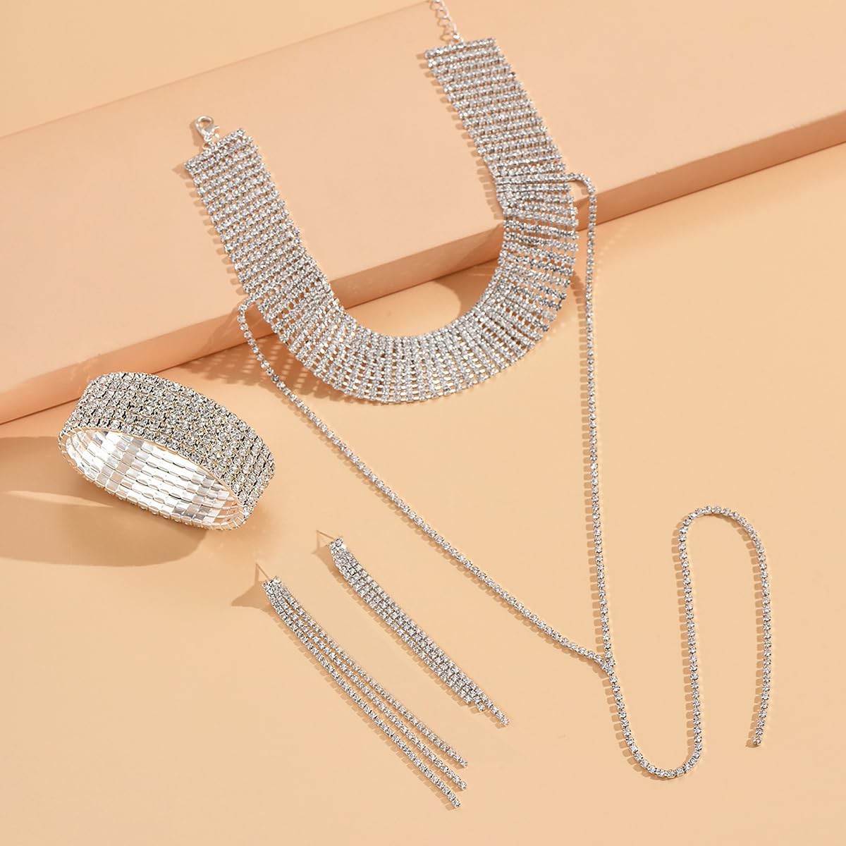 Rhinestone Jewelry Set for Women Wedding Bridal Triangle Bling Clutch Bag Gli…