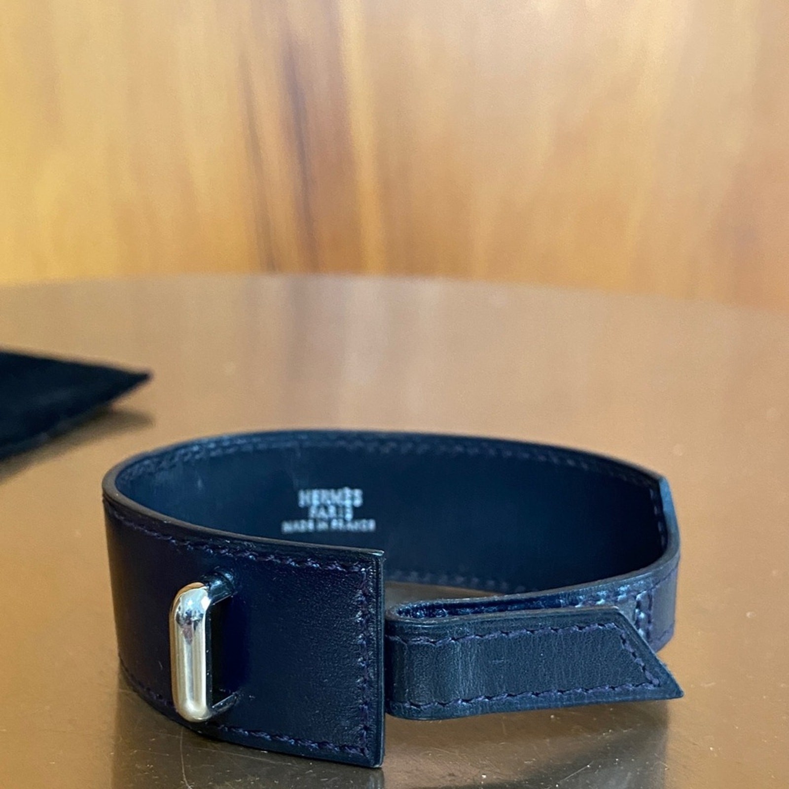 Hermes Navy Blue Leather Artemis 1” Bracelet Silver NWOT Classic Luxury Unisex
