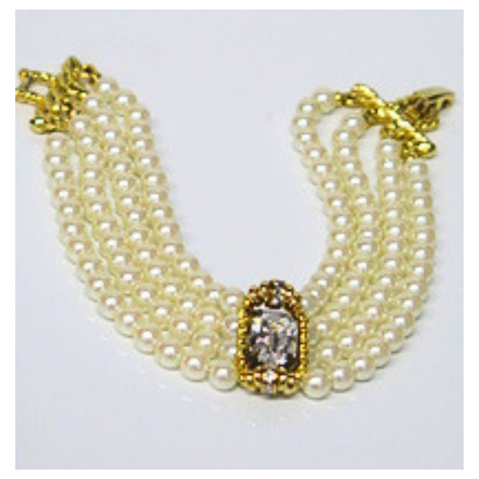 Vintage 4 Strand Faux Pearl Bracelet Gold Tone Crystal Accent Estate 7.5″
