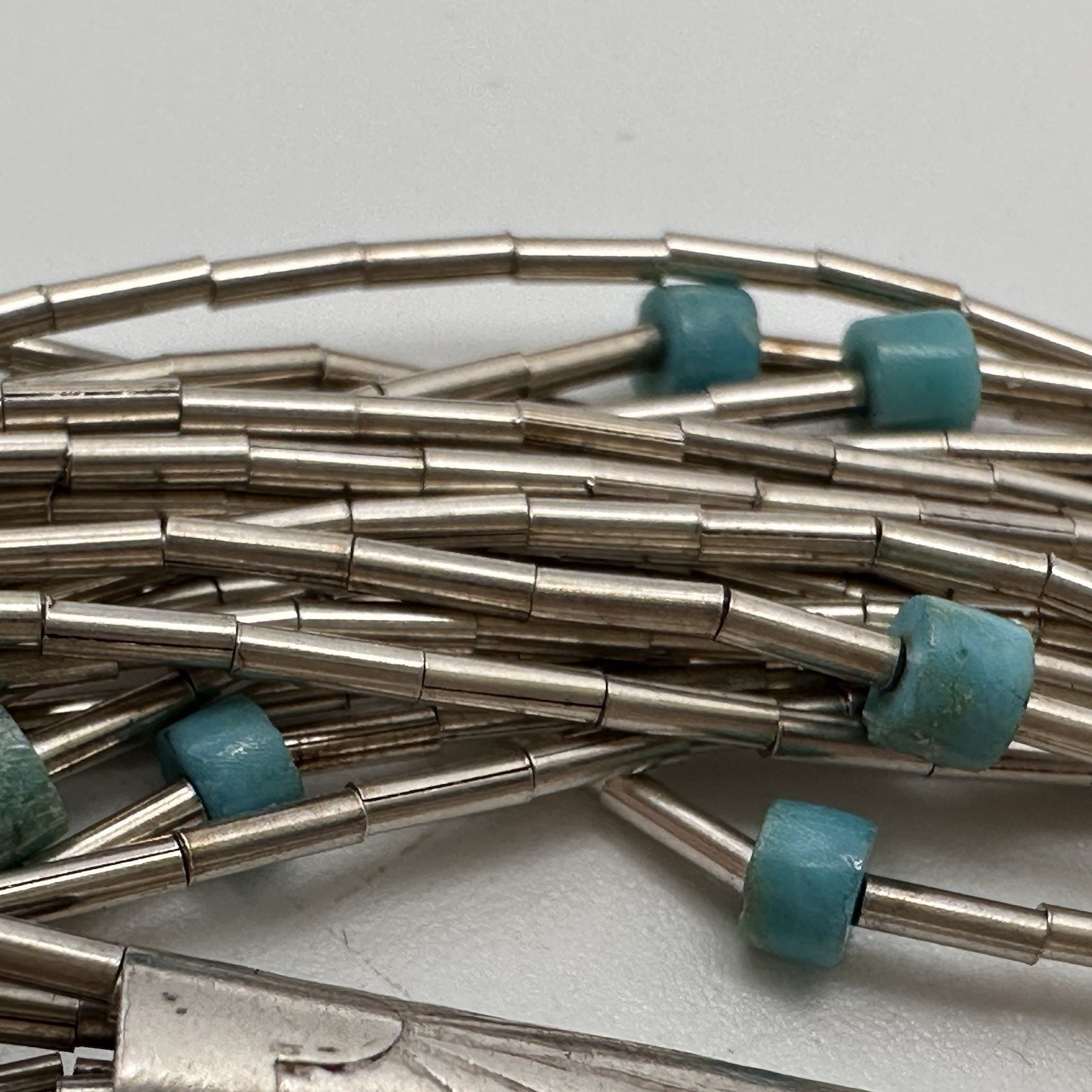 Liquid Sterling Silver & Turquoise Native American Necklace 25”, 10 Strand Vintg