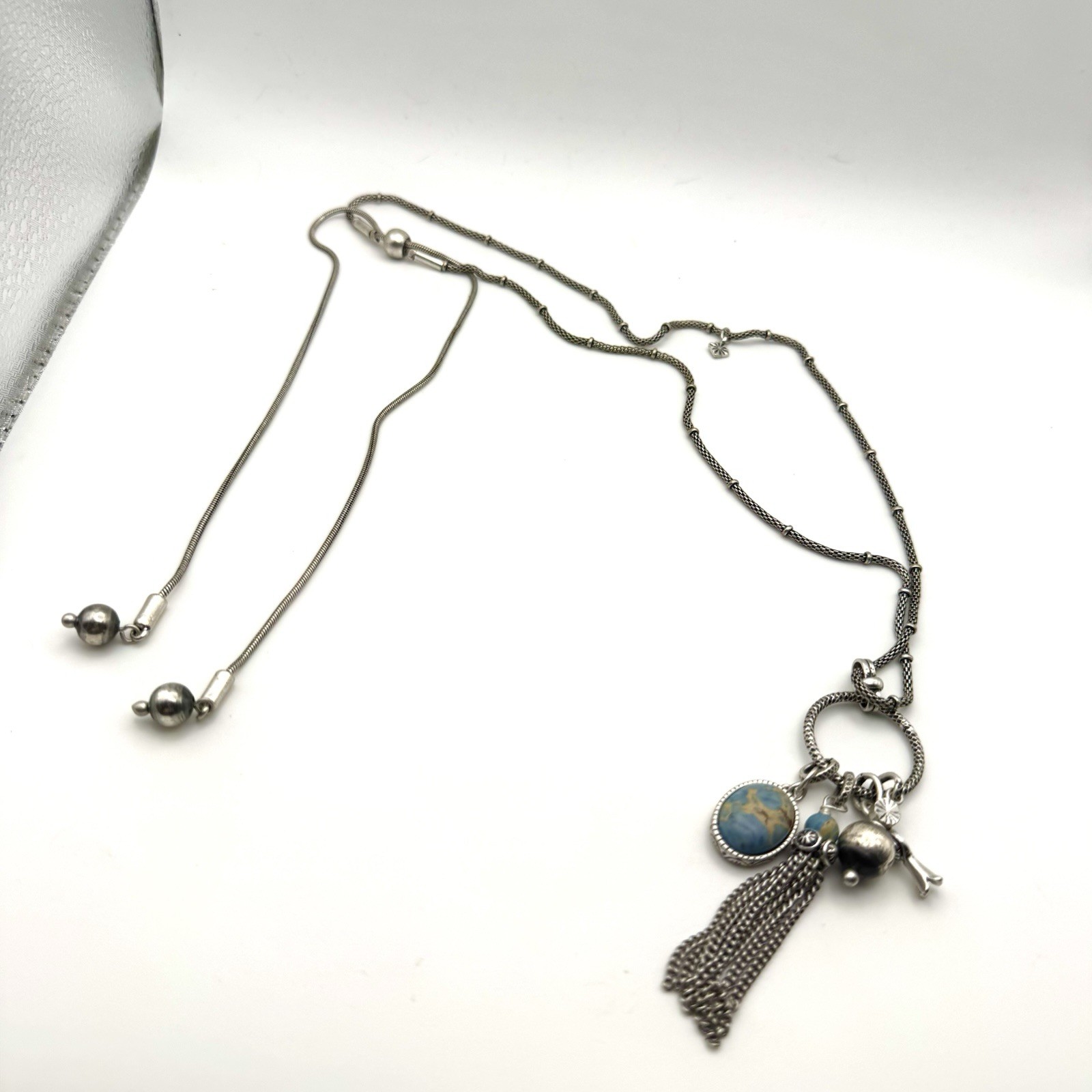 Silvertone Chain Necklace Metal Blue Cabochon And Metal charms Adjustable Slider