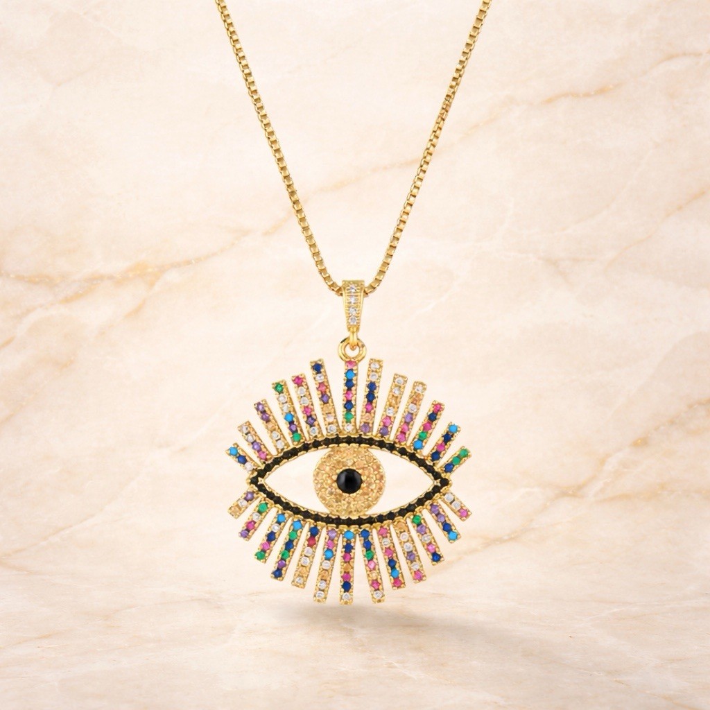 Gold Tone Multicolor Rhinestone Evil Eye Pendant Necklace