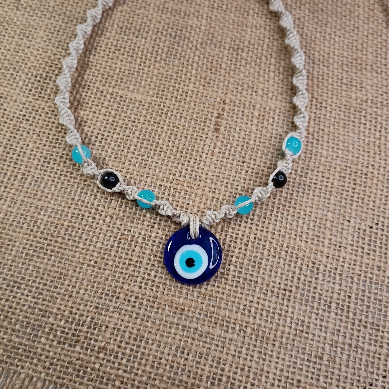 Natural Hemp Necklace w/ Evil Eye Charm & Beads, 18-23 inch Ready to Ship